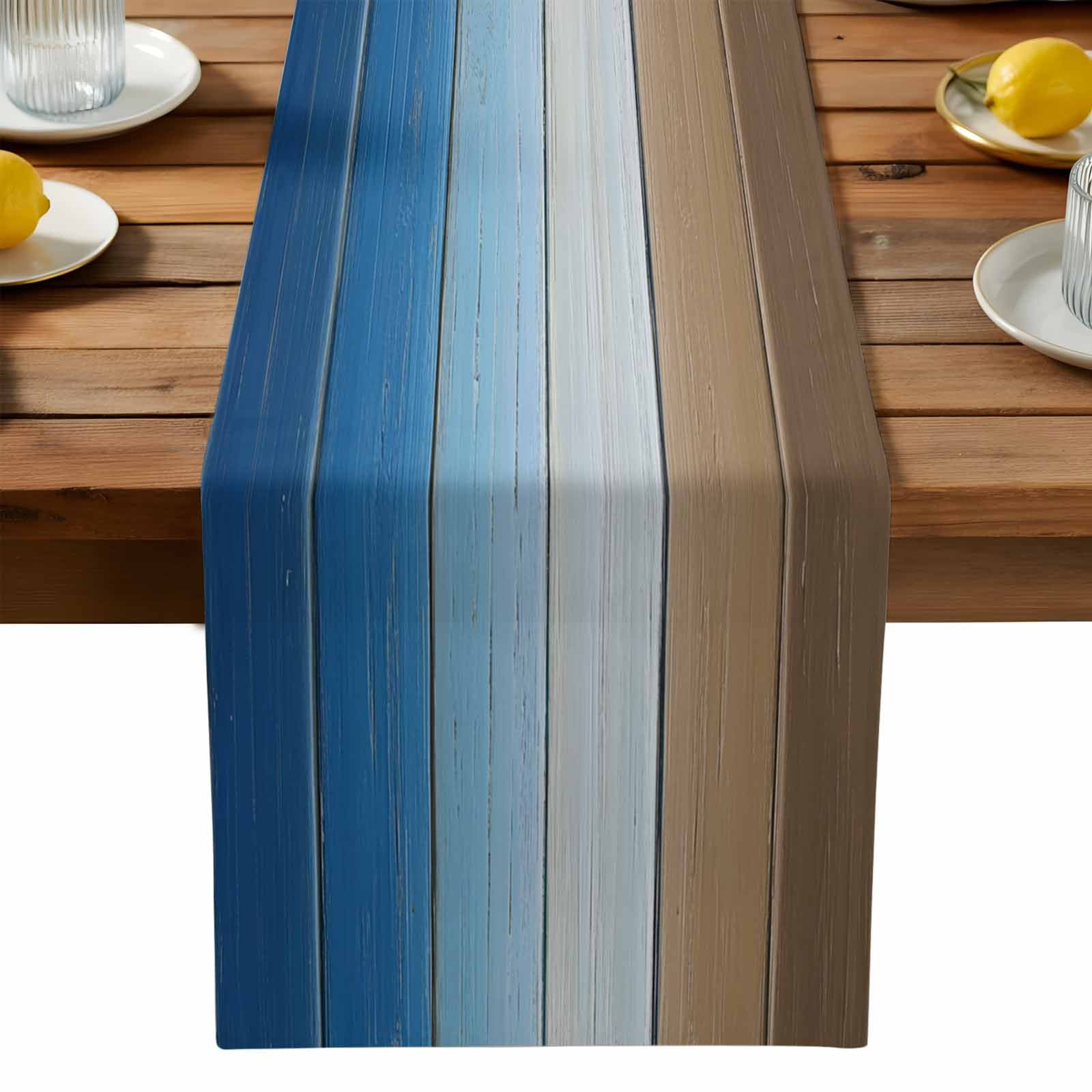 Blue Brown Cotton Linen Table Runner for Dining Kitchen, Gradient Wood Grain Farmhouse Country Wedding Outdoor Party Tablerunners Decoration, Dresser Scarf Coffee Tablecloth Runners 13x48 Inches