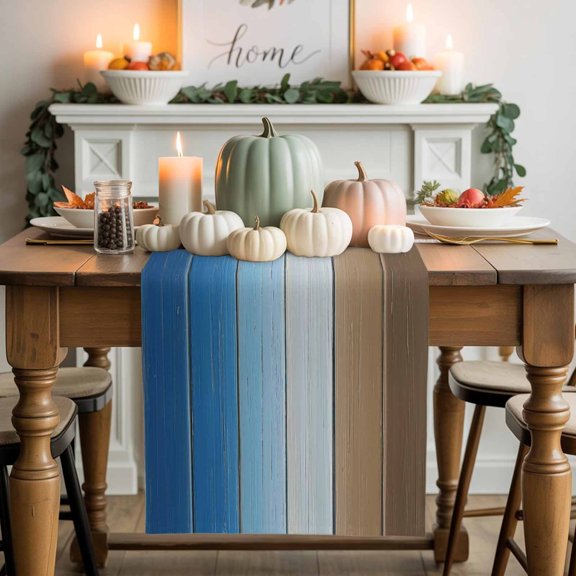 Blue Brown Cotton Linen Table Runner, Washable Table Runners for Kitchen, Dining Room, Holiday, Home Party Table Decor, 13x72 Inches