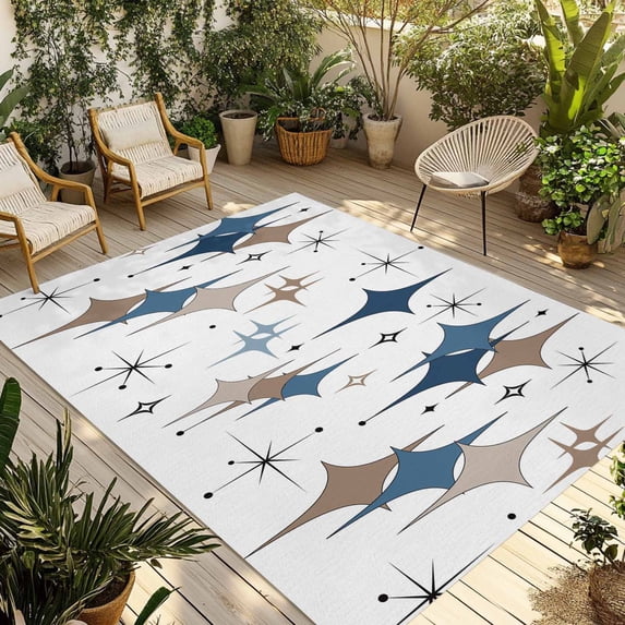 Blue Brown Diamond Outdoor Rug 5x8 Ft - Reversible Patio Rug Outdoor Camping Rugs, Modern Geometric Middle Century Washable Indoor Outdoor Area Rugs, Non-Slip Outdoor Carpet Runner for Deck/Porch