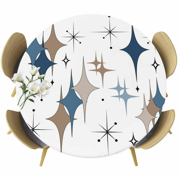 Blue Brown Diamond Round Tablecloth, Fitted Table Cover with Elastic for 55"-60" Round Tables, Modern Geometric Middle Century Table Cloth Outdoor Indoor Dinning Party Waterproof Tablecloths
