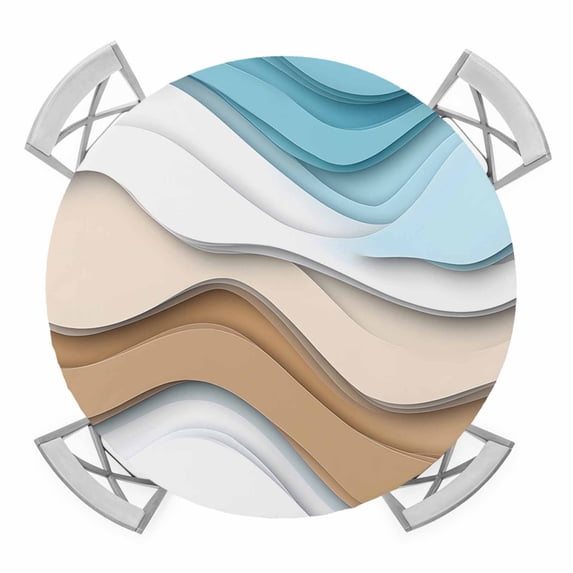Blue Brown Elastic Fitted Round Table Cover Abstract Water Ripple Waterproof Outdoor Tablecloth for Holiday Party, Picnic, Patio & Dining Fits Tables Up to 45"-54"