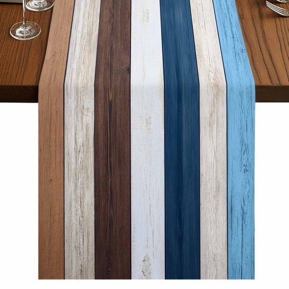 Blue Brown Farmhouse 72 Inch Table Runner, Vintage Retro Wooden Farmhouse Dresser Scarf Cotton & Linen Tablerunner for Dining/Kitchen Island/Holiday Party Décor 13" x 72"