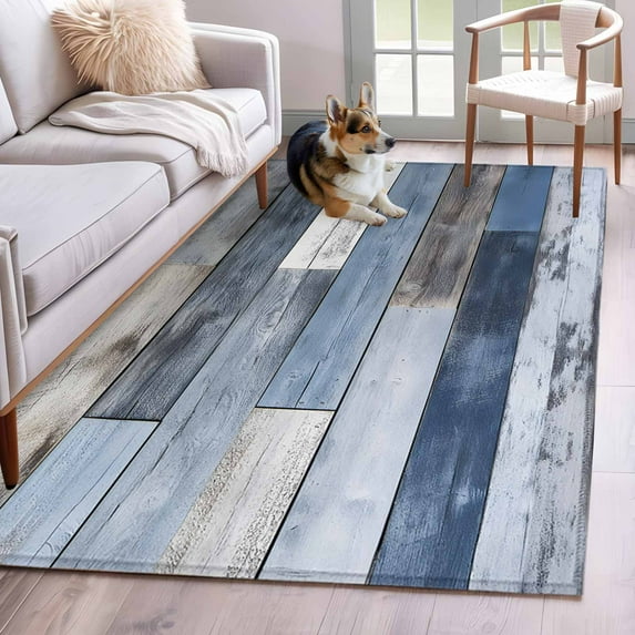 Blue Brown Farmhouse Area Rug 4x6 Washable Rug Non Slip Vintage Wooden Country Large Area Rug Indoor Floor Carpet for Entryway Bedroom Kitchen Living Room Home Office Dining Room Nursery