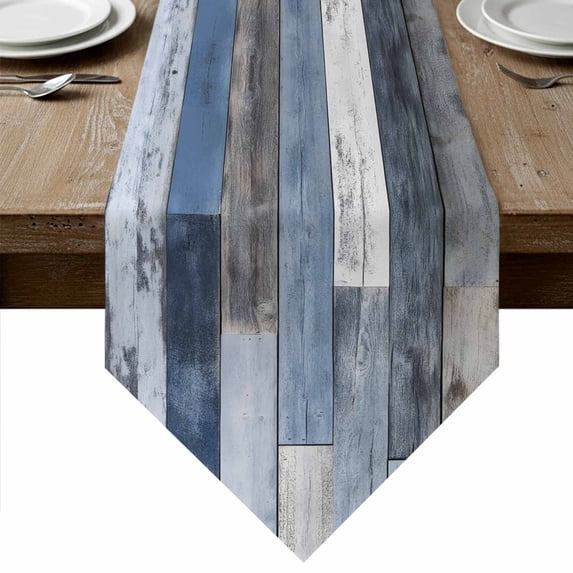 Blue Brown Farmhouse Table Runner Linen Burlap Table Runner 90 Inches Long Vintage Wooden Country Dresser Scarves for Kitchen Island Coffee Dining Room Party Wedding Banquet Holiday Decor 13"x90"