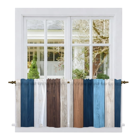 Blue Brown Farmhouse Tier Curtains, Vintage Retro Wooden Light Filtering Kitchen Curtains, 2Pcs Rod Pocket Half Window Treatments Panels for Sink Cafe Cabinet Camper 27.5x24 Inches