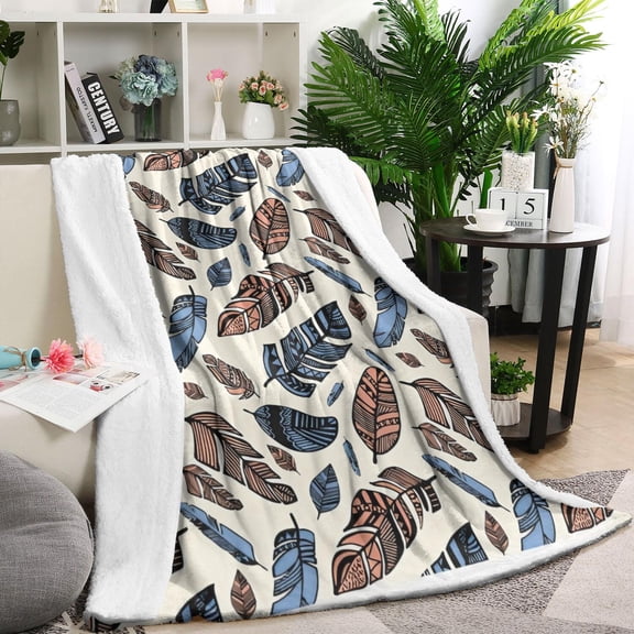 Blue and Brown Feather Pattern Blanket,Comfortable Soft Flannel Throw Blanket,All Season,Warm Lightweight Blankets for Sofa Bed Couch Living Room Chair,60"x80"