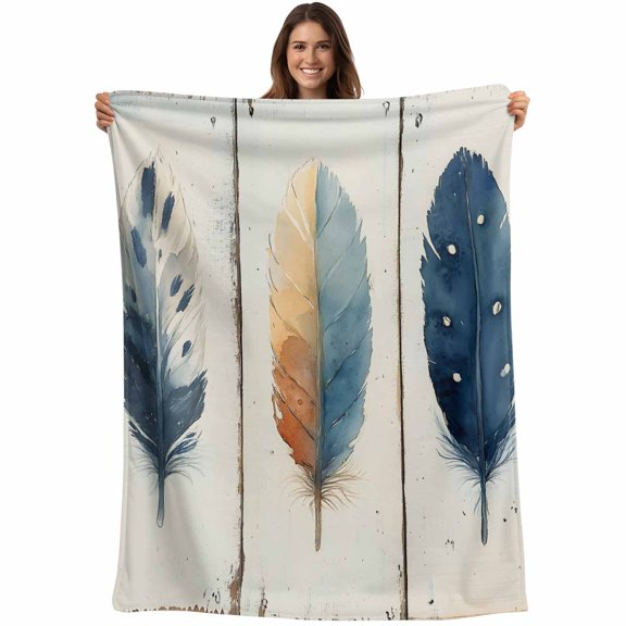 Blue Brown Feathers Blanket Soft Cozy Warm Throw Blanket for Couch, Plush Fuzzy Flannel Fleece Blankets for Sofa, Boho Ombre Vintage Wooden Grain Bed Blankets Lightweight Gifts for Women, 50"x60"