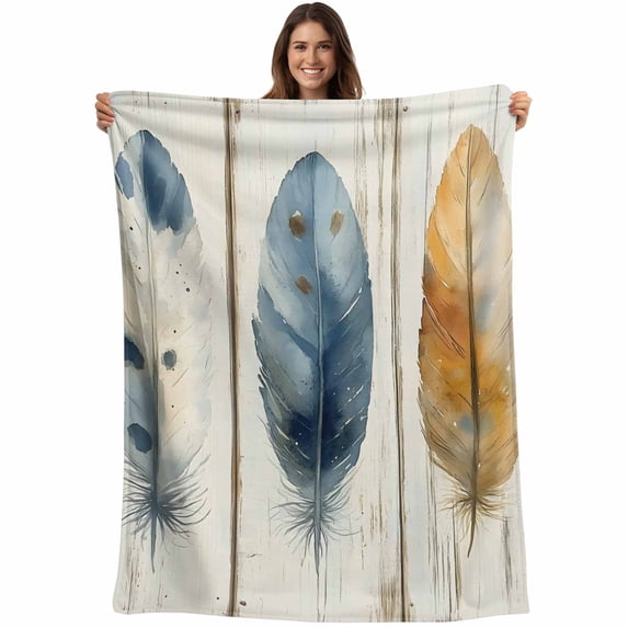 Blue Brown Feathers Blanket Soft Cozy Warm Throw Blanket for Couch, Plush Fuzzy Flannel Fleece Blankets for Sofa, Vintage Boho Ombre Wood Grain Bed Blankets Lightweight Gifts for Women, 50"x80"
