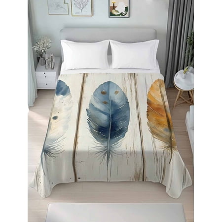 Blue Brown Feathers King Size Flat Sheet, Wrinkleproof & Fadeproof Cooling Flat Bed Sheet Only, Vintage Boho Ombre Wood Grain Breathable Soft Bedding Top Sheets 105 x 98 Inches