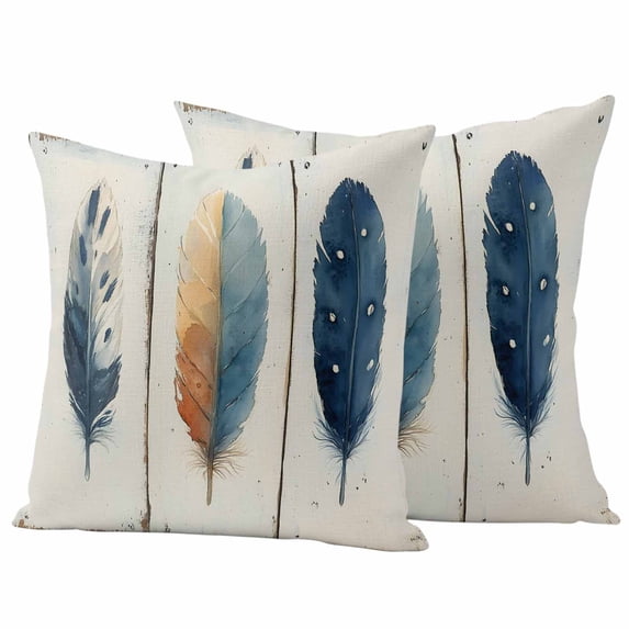 Blue Brown Feathers Outdoor Waterproof Pillow Covers, Boho Ombre Vintage Wooden Grain Decorative Square Throw Pillowcase Sofa Cushion Sham for Patio/Couch/Chair, 16"x16" 2 Pack