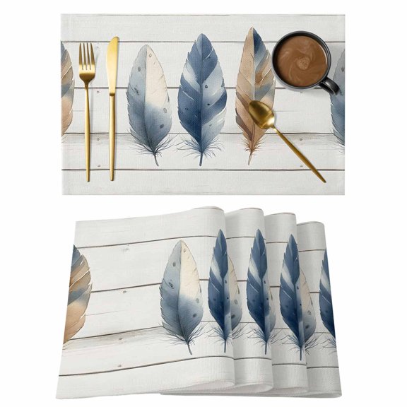 Blue Brown Feathers Placemats Set of 4 Boho Vintage Wooden Grain Place Mats Indoor Wipeable Table Mats Washable Cloth Dining Table Placemats for Kitchen Holiday Party Home Decor 13x19 Inch