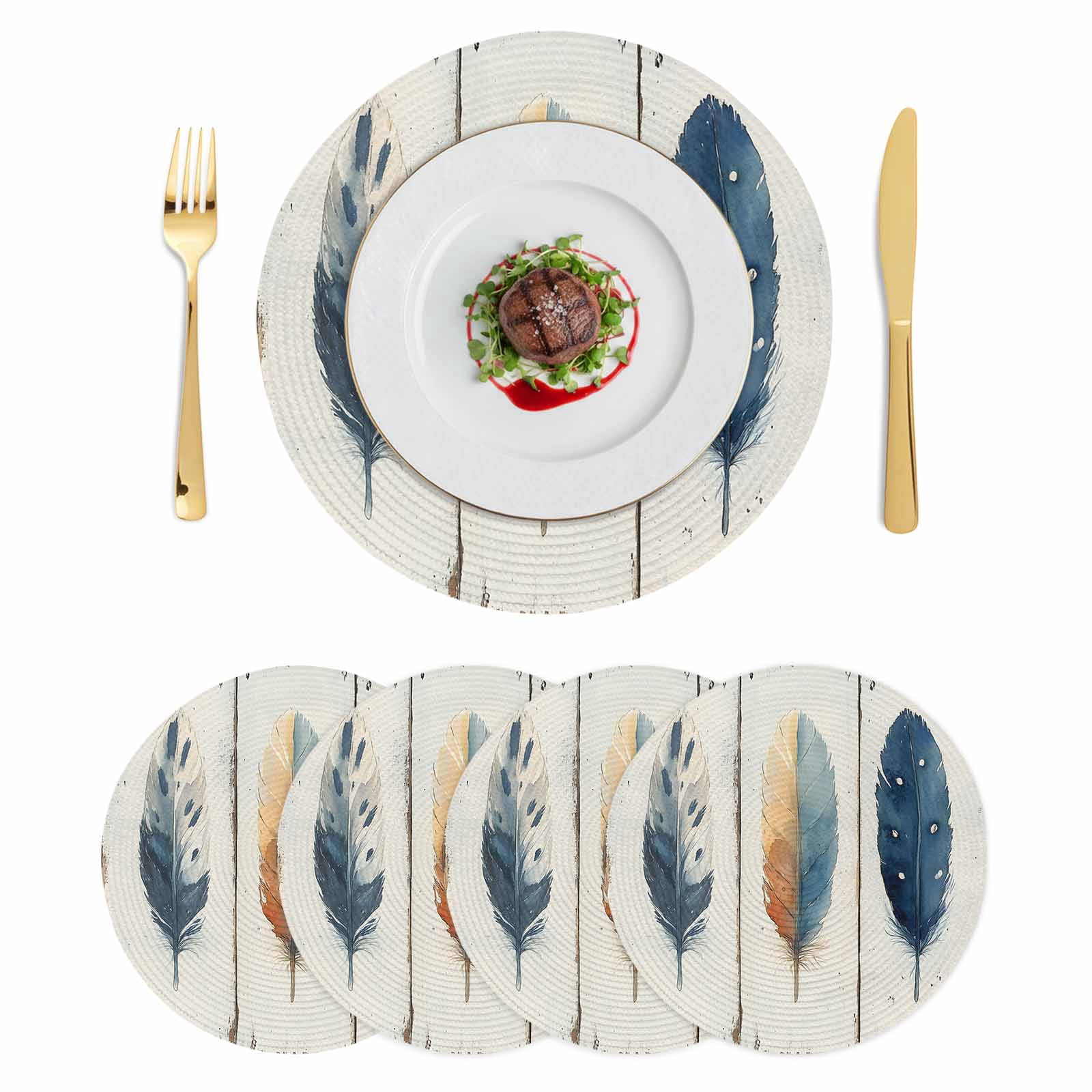 Blue Brown Feathers Round 15 Inch Placemats Set of 4, Boho Ombre ...