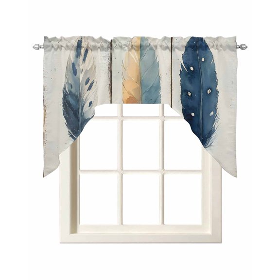 Blue Brown Feathers Swag Valances for Windows, Small Curtains Drapes, Boho Ombre Vintage Wooden Grain Kitchen Window Curtains Over Sink Window Treatment Valance for Bedroom/Bathroom 56"x36"