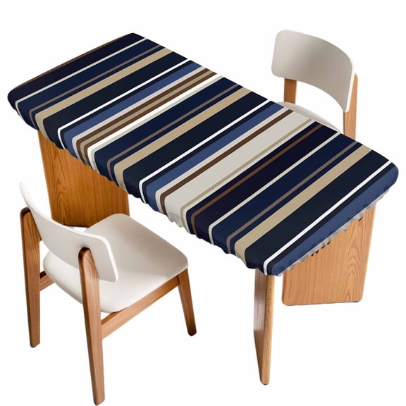 Blue Brown Fitted Rectangle Tablecloth 24" x 50" Stripes Elastic Table Cloth Fits for 4 Foot Folding Tables Waterproof Table Cover for Picnic Camping Outdoor