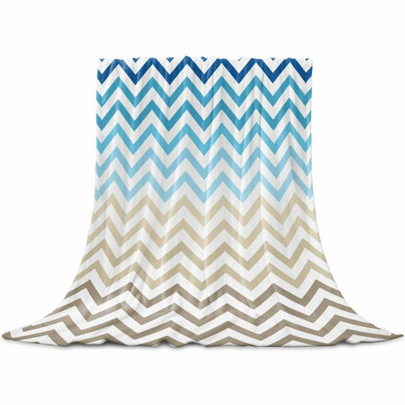 Blue Brown Flannel Blanket for Bed, Modern Chevron Waves Khaki Geometric Stripes Soft Cozy Warm Couch Throw Blanket, Lightweight Fluffy Plush Bedding Blankets for Sofa Decor All Season 31.5"x47"