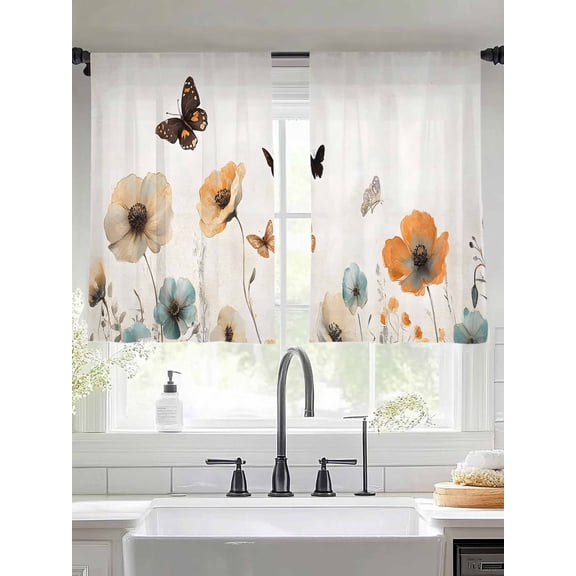 Blue Brown Floral Sheer Curtains 45 Inches Long 2 Panels Butterfly Plant Light Filtering Semi Sheer Window Curtains Drapes for Bedroom Living Room 52"x45"