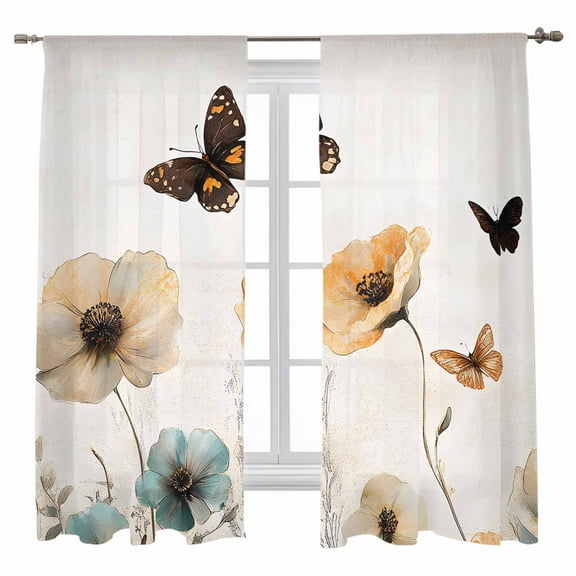 Blue Brown Floral Sheer Curtains 63 inches Long 2 Panels Set Butterfly Plant Pastoral Style Sheer Window Curtain Rod Pocket Voile Drapes for Living Room/Bedroom, Each 52" W x 63" L