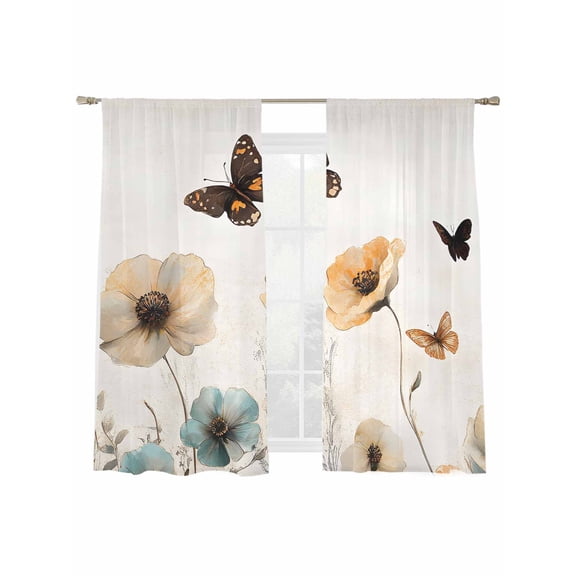 Blue Brown Floral Sheer Curtains for Living Room Bedroom, Light-filtering Sheer Curtain, Butterfly Plant Rod Pocket Voile Window Treatment Drapes, 52’’Wx72’’L, 2 Panels Set