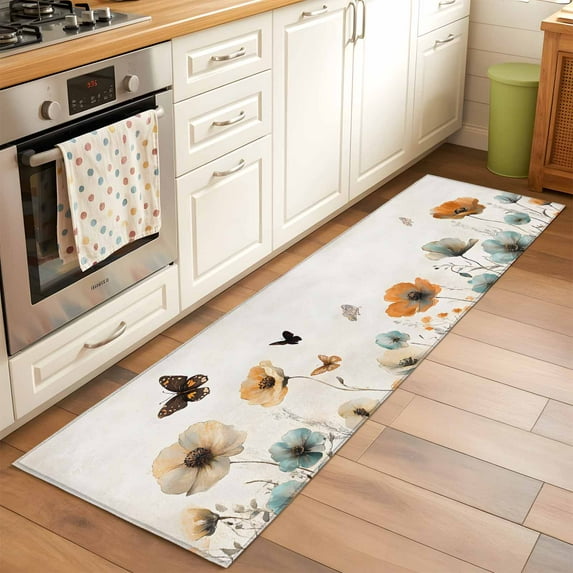 Blue Brown Floral Washable Area Rug 2x6 111 Butterfly Plant Pastoral Style Low-Profile Area Rugs with Non Slip Backing Indoor Floor Carpet for Entrance Living Room Bedroom Home Office