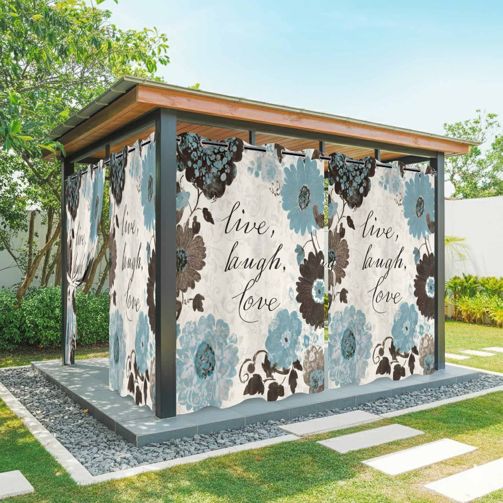 Blue Brown Flower Outdoor Curtains for Patio, Laugh Love Live Plant Farmhouse Sunshade Privacy Drapes Grommet Waterproof Outside Curtains for Porch/Cabana/Balcony 54"x 108", 1 Panel