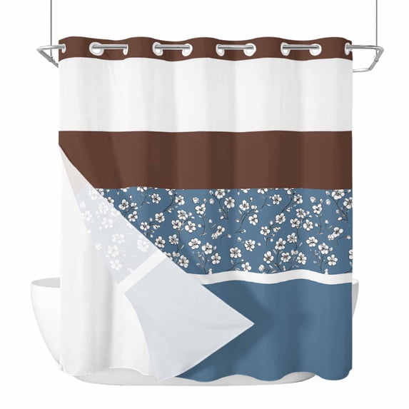 Blue Brown Flowers No Hook Shower Curtain Waterproof, Bathroom Curtains with Snap in Liners and See Through Top Window, Classic Botanical Art Elegant Hotel Style Bathtub Curtains Shower 72"Wx78"L
