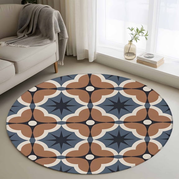 Blue Brown Flowers Round Area Rug 4Ft Washable Circle Rugs for Bedroom Dining Room, Farmhouse Boho Geometric Floral Non-Slip Carpet Floor Mats Indoor Outdoor Carpet Runner Aesthetic Home Decor