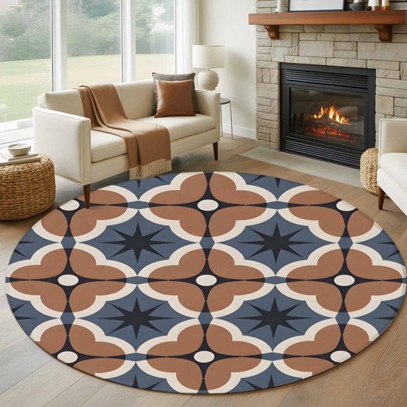 Blue Brown Flowers Round Area Rug 6Ft Washable Circle Rugs for Bathroom Office, Farmhouse Boho Geometric Floral Non-Slip Carpet Floor Mats Indoor Outdoor Carpet Runner Aesthetic Home Decor