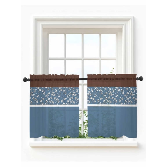 Blue Brown Flowers Tier Curtains 24 Inch Length,Sheer Curtains for Bedroom Living Room Window Classic Botanical Art Elegant Rod Pocket Drapes Kitchen Curtains Small Half Window 27.5"x24" 2 Panels
