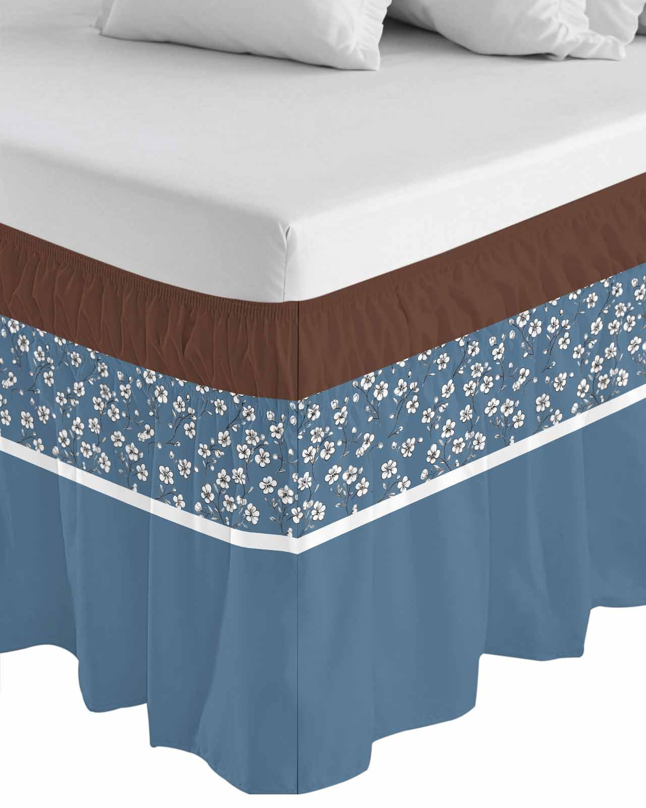 Blue Brown Flowers Wrap Around Bed Skirts for California King Bed 16" Drop,Bed Skirt with Adjustable Elastic Belt Dust Ruffle Bed Valance for Bedroom Classic Botanical Art Elegant Bed Frame Cover