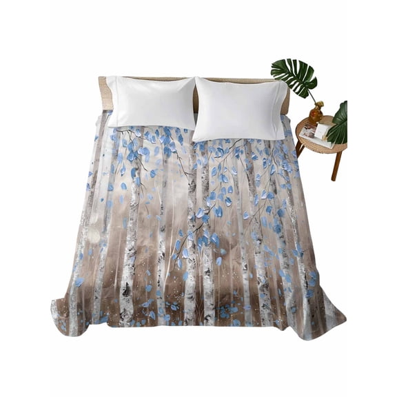 Blue Brown Forest Flat Sheets Only King Size, Soft Breathable Bed Top Sheets for Mattress, Modern Oil Painting Art Luxury Bedding Flat Sheets for Home Hotel Bedroom Bed Protection