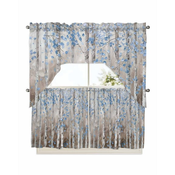 Blue Brown Forest Kitchen Curtain and Valance Set 3 Pieces, Rod Pocket Short Tier Curtains 24 Inch Length, Modern Oil Painting Art Swag Topper Small Window Treatment for Cafe Bathroom Bedroom