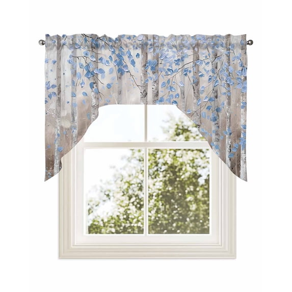 Blue Brown Forest Kitchen Curtains Swag Valance for Windows/Bathroom/Cafe, Modern Oil Painting Art Rod Pocket Drape Panel Swag Curtains Valance for Bedroom/Living Room 56"x36"
