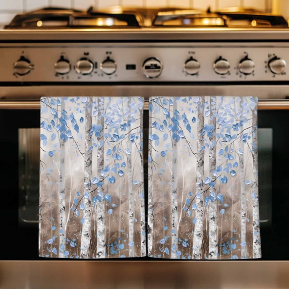 Blue Brown Forest Kitchen Towels Set of 2, Modern Oil Painting Art Absorbent Dish Towels for Kitchen, Microfiber Hand Towel, Quick Drying Tea Towel for Cleaning Decorative Dishcloths