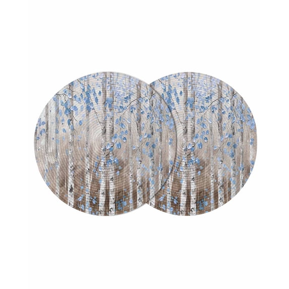 Blue Brown Forest Round 13 Inch Placemats Set of 2, Modern Oil Painting Art HeatResistant Non Slip Place Mats for Dining Table, Wipeable Braided Kitchen Table Mats for Housewarming