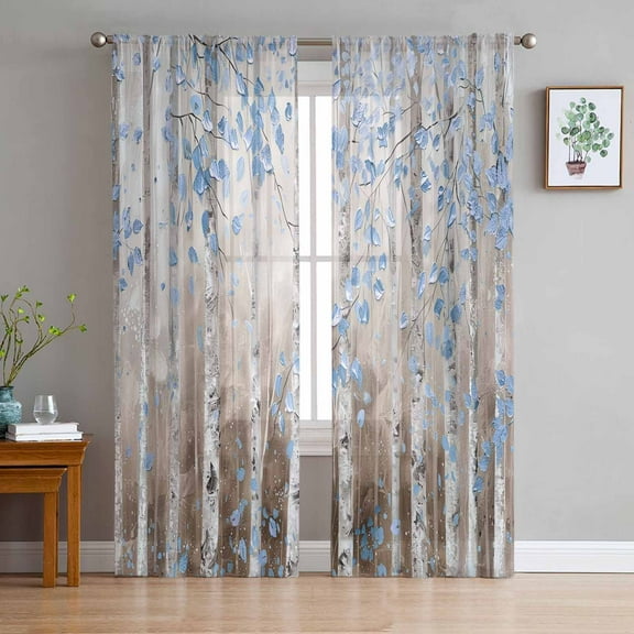 Blue Brown Forest Semi Sheer Curtains 72 Inch Length 2 Panels Set, Modern Oil Painting Art Sheer Kitchen Curtain Privacy Voile Window Curtain for Living Room Bedroom Rod Pocket Drapes
