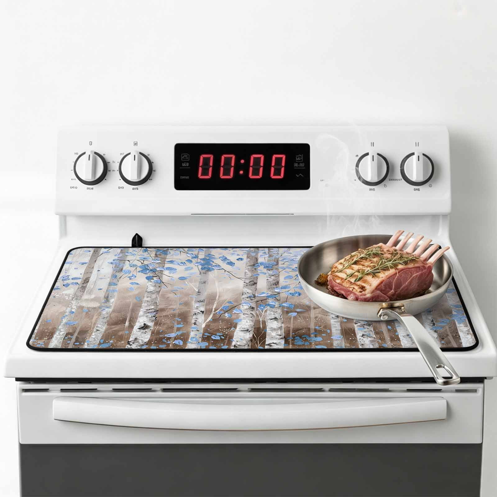 Blue Brown Forest Stove Top Cover for Electric Stove, Heat-proof & Non Slip Glass Top Stove Cover Protector, Modern Oil Painting Art Kitchen Flat Cooktop Rubber Mat 31x24 Inches