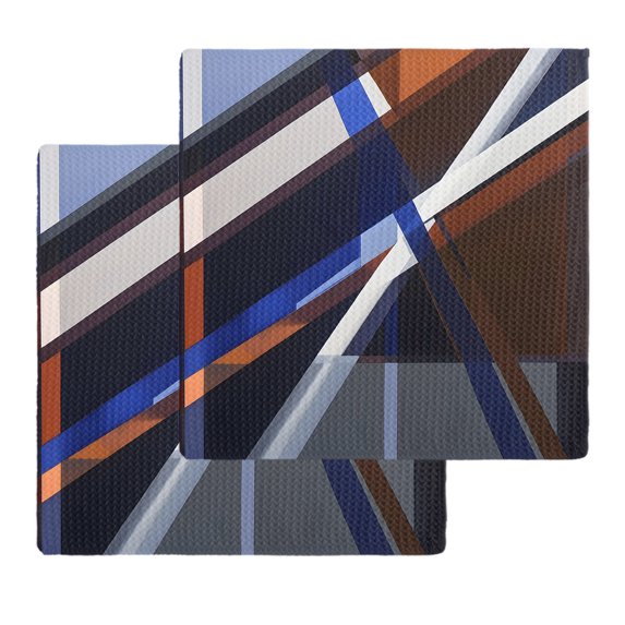 Blue Brown Geometric Kitchen Dish Towels for Drying Dishes Set of 2, Modern Abstract Art Lines Waffle Weave Microfiber Hand Tea Bathroom Towels Quick Dry & Absorbent Towel 12x12