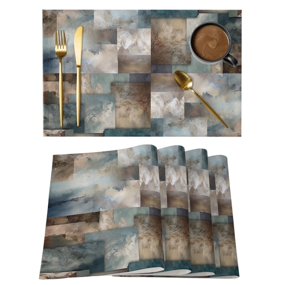 Blue Brown Geometric Placemats Set of 12, Cotton Linen Fabric Place ...