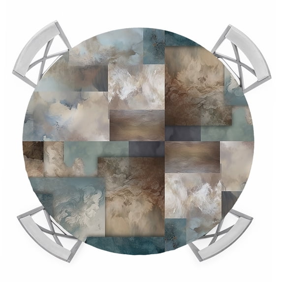 Blue Brown Geometric Round Tablecloth for 36-44 Inch Tables, Fitted Table Cover with Elastic Edge, Modern Ombre Abstract Art Waterproof Outdoor Table Cloth Protector for Patio Garden Dinner Picnic