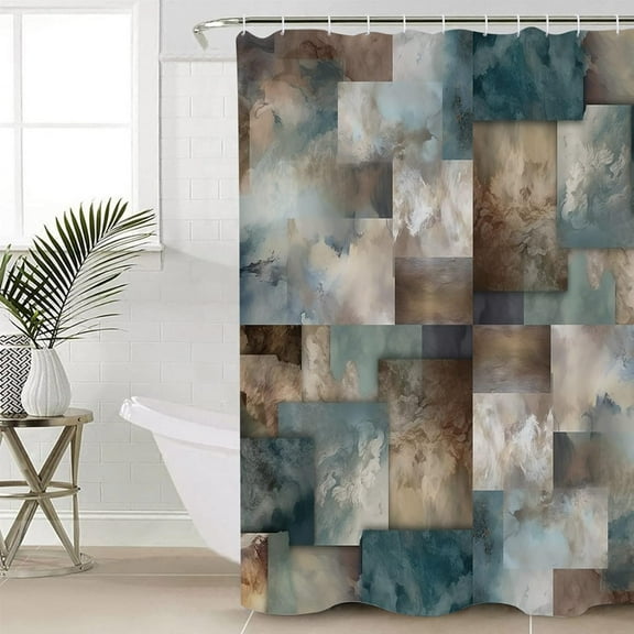 Blue Brown Geometric Shower Curtain Set - Small 36" x 72" Washable Bathtub Curtain with 12 Hooks, Modern Ombre Abstract Art Waterproof Fabric Stall Shower Curtains for Bathroom/Bathtub Décor