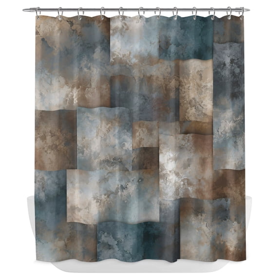 Blue Brown Geometric Shower Curtain - Water Repellent Fabric Shower Curtains Washable, Abstract Ombre Modern Color Block Decorative Polyester Cloth Bathroom Curtains Modern Bath Decor 72"x72"