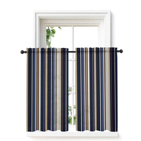 Blue and Brown Geometric Stripe Pattern Curtains 45 Inch Length, Sheer Curtains for Bedroom Living Room Window Rod Pocket Voile Drapes Kitchen Curtains Small Half Window 52"x45" 2 Panels