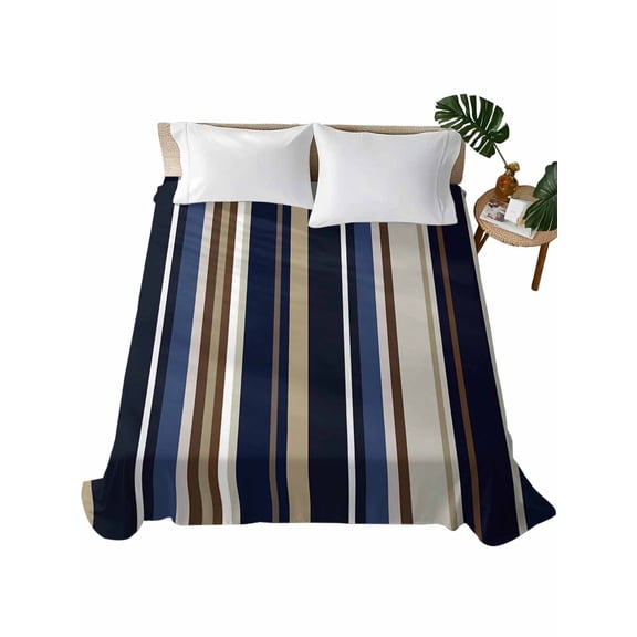 Blue and Brown Geometric Stripe Pattern Flat Sheet Only Twin Size, Soft Breathable Bed Top Sheets for Mattress, Luxury Bedding Flat Sheets for Home Hotel Bedroom Bed Protection