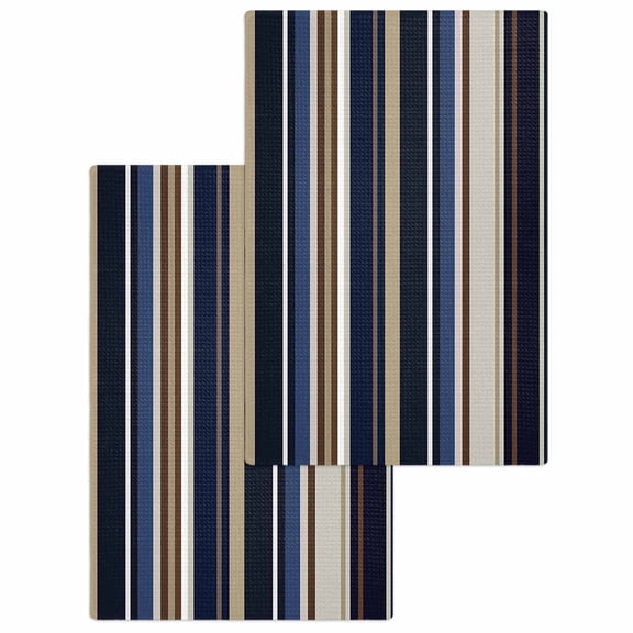 Blue and Brown Geometric Stripe Pattern Hand Towels Set, Waffle Weave Kitchen Towels 2 Pieces, Microfiber Hair Face Bath Tea Towel Absorbent Quick Drying Cleaning Dish Cloths 15.7"x23.6"