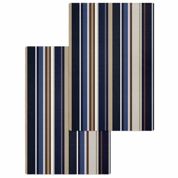 Blue and Brown Geometric Stripe Pattern Hand Towels Set, Waffle Weave Kitchen Towels 2 Pieces, Microfiber Hair Face Bath Tea Towel Absorbent Quick Drying Cleaning Dish Cloths 15.7"x23.6"