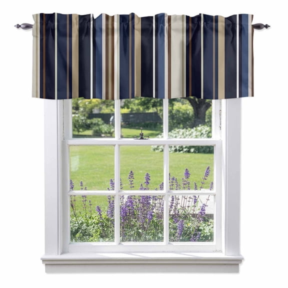 Blue and Brown Geometric Stripe Pattern Kitchen Curtain Valances for Windows Farmhouse Short Curtains, Rod Pocket Valance Curtain for Bedroom Cafe Living Room