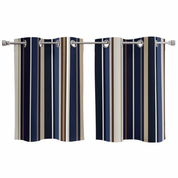 Blue and Brown Geometric Stripe Pattern Kitchen Curtains Small Short 39 Inch Length, Grommet Top Bedroom Living Room Curtains, Light Filtering Cafe Curtain Drapes 2 Panels Set 55''x39''