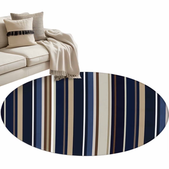 Blue and Brown Geometric Stripe Pattern Round Area Rug 4ft, Washable Non-Slip Circle Rugs for Bedroom Living Room Kitchen, Soft Non Shedding Circle Carpet for Dining Room Dorm