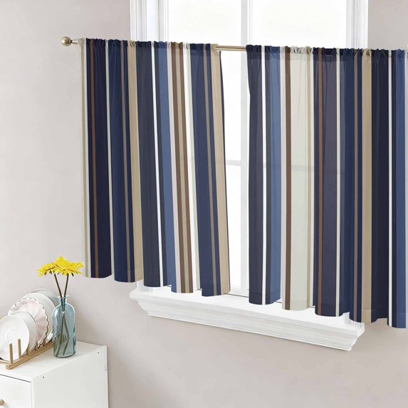 Blue and Brown Geometric Stripe Pattern Semi Sheer Curtains 45 Inch Length 2 Panels Set, Sheer Kitchen Curtain Privacy Voile Window Curtain for Living Room Bedroom Rod Pocket Drapes