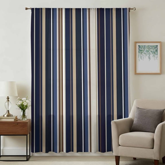 Blue and Brown Geometric Stripe Pattern Sheer Curtains 96 Inches Long, Light Filering Curtains, Privacy Drapes Simi Floor to Veiling Curtain for Living Room Bedroom Large Window Treatment